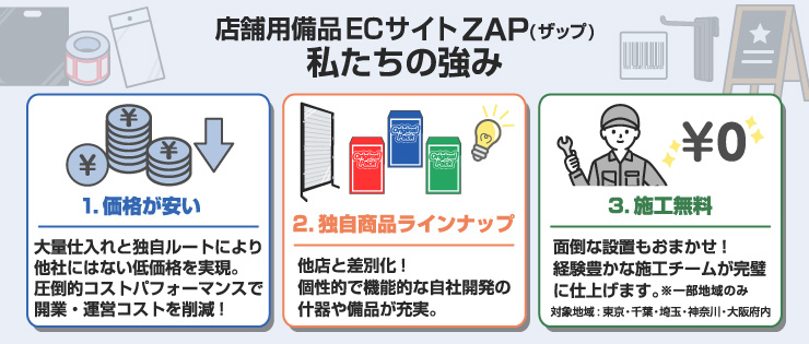 梱包資材ECサイトZAP私たちの強み1.価格が安い2.独自商品ラインナップく3.施工無料※一部地域のみ